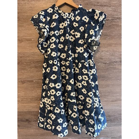 THML Dress Sz m Blue Flower Print Flutter Sleeve Anthropologie Summer Tiered